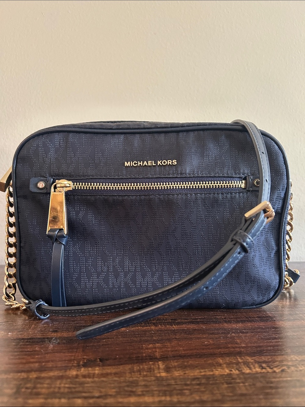 Michael Kors Navy Logo Crossbody with Gold Hardware